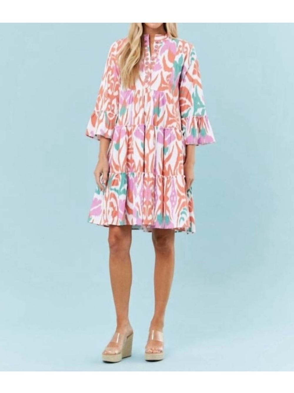Sheridan French Colorful Ikat Tiered Shift Dress - Coral, Pink & Teal XL - Picture 7 of 7